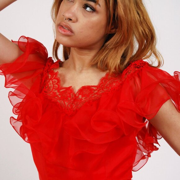 60s Chiffon Gown (XS) vintage red evening dress ruffle prom frilly sheer witch - Picture 8 of 8